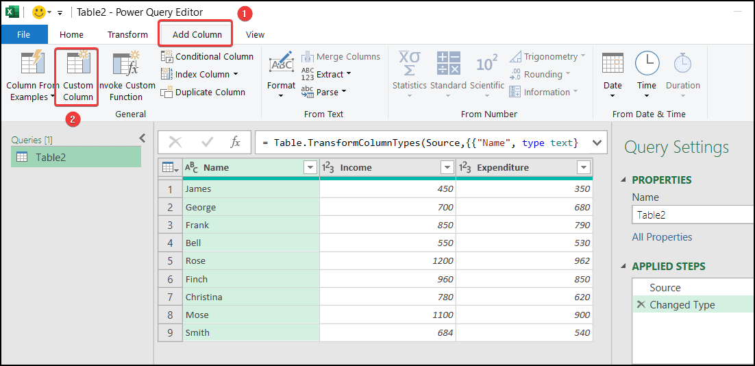 Selecting the Custom Column from the Power Query Editor