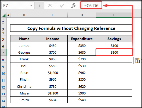 Savings after pasting the formula without changing the reference