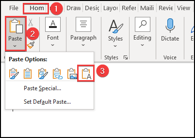 Selecting the Text only option from the Paste feature. 