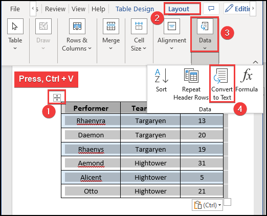 Convert to Text option to insert the text only without a table.