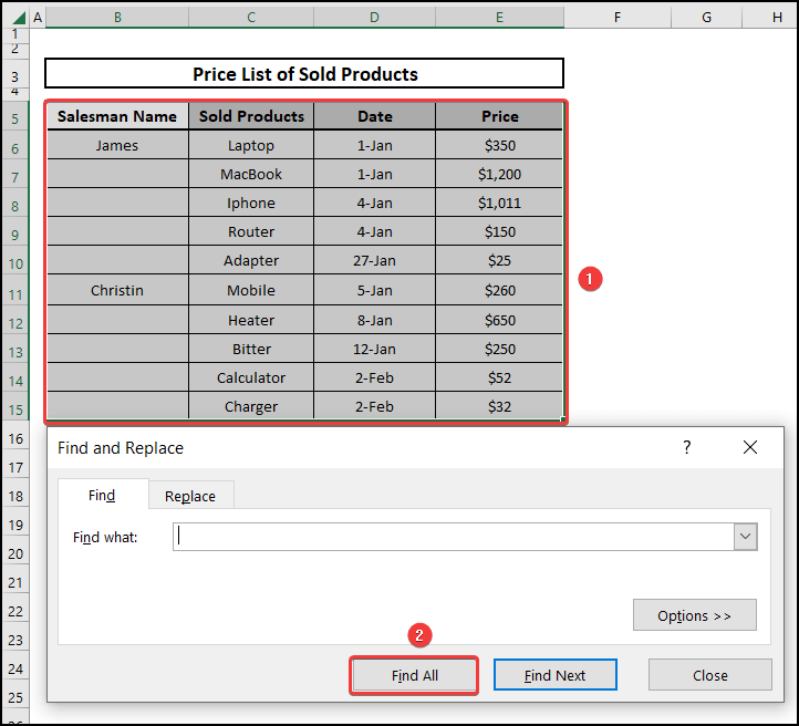 Initially selecting the dataset and then clicking on Find All from Find and Replace dialogue box