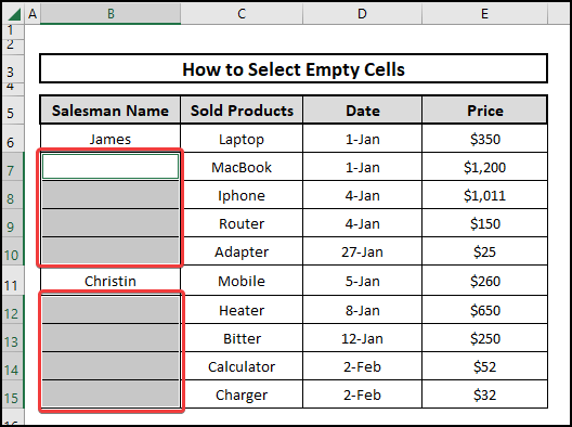 Selecting Empty cells in Excel