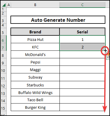 Using the fill handle icon to auto-generate numbers in Excel
