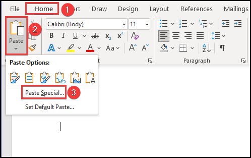 Use of Paste Special option to insert the copied data of the table from an Excel file including formulas into a Word file.