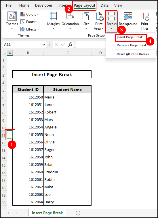 Inserting page break in Excel worksheet