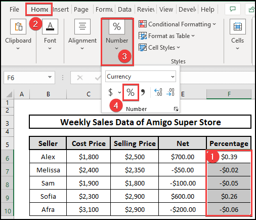 Calculating the net profit and loss and converting them into percentages using the formula in excel.