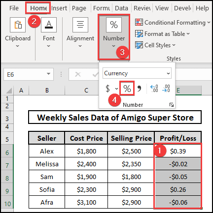 Conversion of profit loss into percentages without formula in Excel.