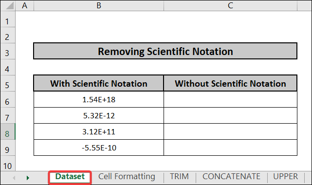 Dataset of how to remove scientific notation in excel 