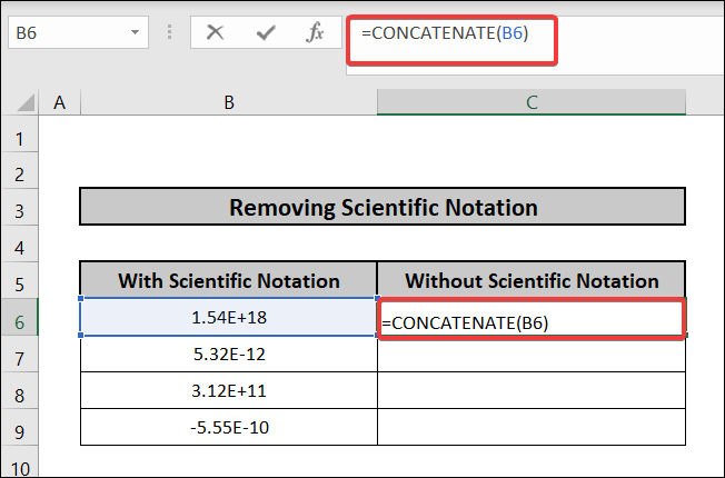 how to remove scientific notation in excel using CONCATENATE function 