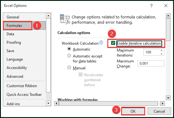 Enabling Iterative Calculation option from the Excel Options box.