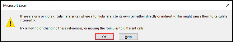 Error box regarding Circular reference in Excel.