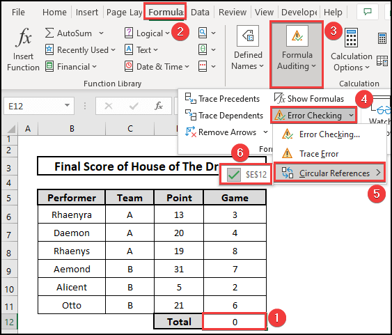 Error Checking option to learn what is circular reference in Excel.