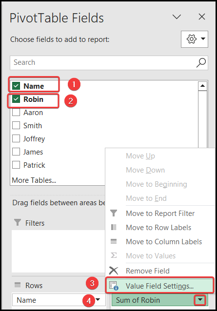 Selecting the Pivot Table fields