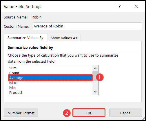 Selecting Average from the Value field settings