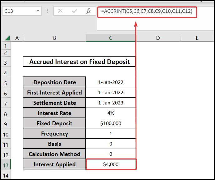 Using the ACCRINT function for applied interest