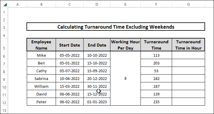 Turnaround time results for NETWORKDAYS function