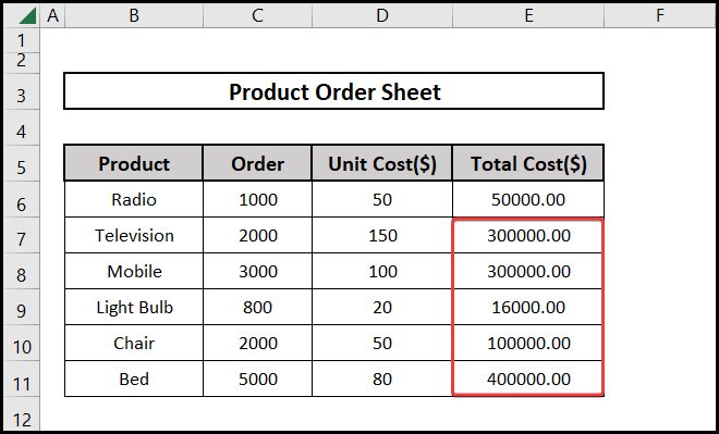 Application of the formula across multiple rows in Excel