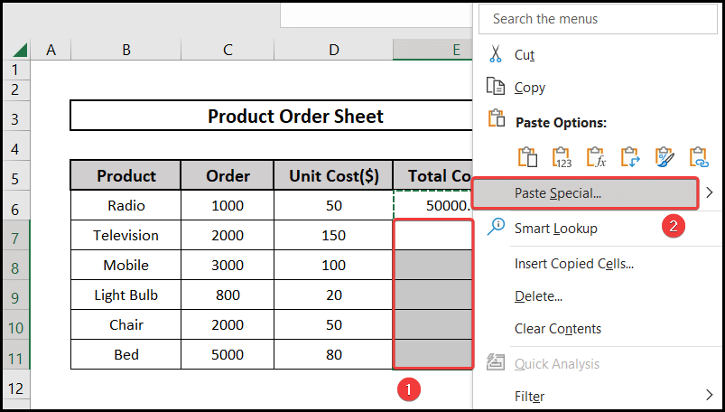 Using the Paste special to Paste formula across multiple rows