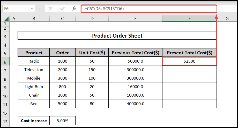 Using a formula to get the Total cost