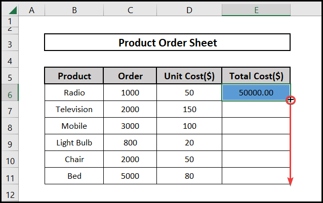 Use of the fill handle tool to copy the formula across multiple rows