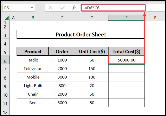 Using a formula in a cell to get the Total Cost