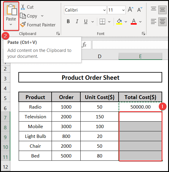 Using the paste option to paste the formula