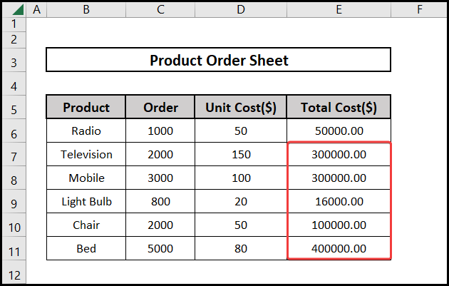 Copying the formula, applied across multiple rows in Excel.