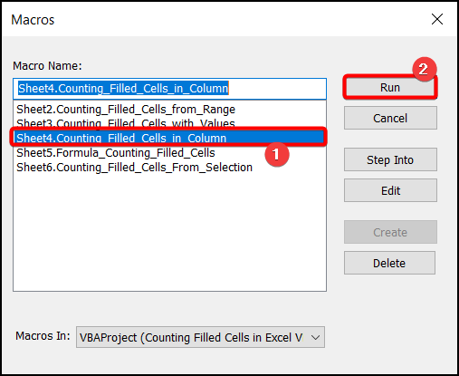 Selecting the Macro Counting_Filled_Cells_in_Column