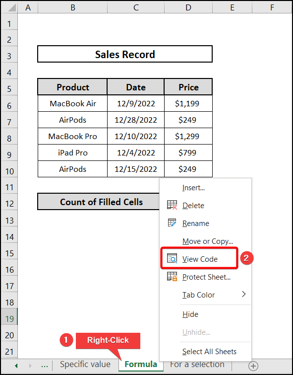 Selecting view code by right-clicking on Formula Sheet