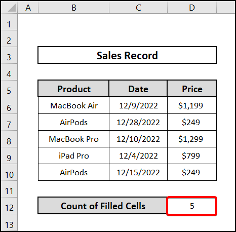 Outcome of count filled cells using a formula