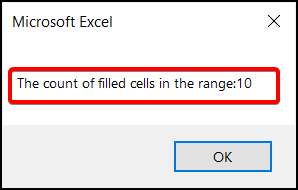 Outcome of count filled cells for a selection