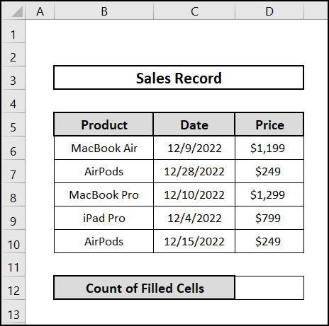 Dataset for counting filled cells in excel VBA