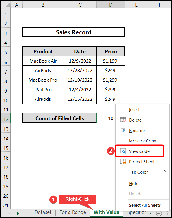 Selecting view code by right-clicking on With Value Sheet
