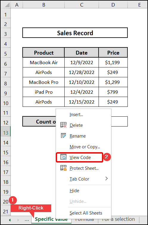 Selecting view code by right-clicking on Specific Value Sheet