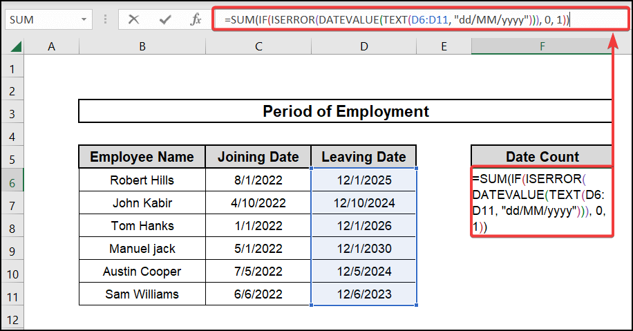 using sum, if, and iserror function to count dates