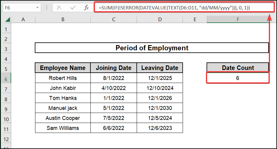 Combining SUM, IF, and ISERROR Functions (Inserting a Mix of Functions) to count number of cells with dates in excel