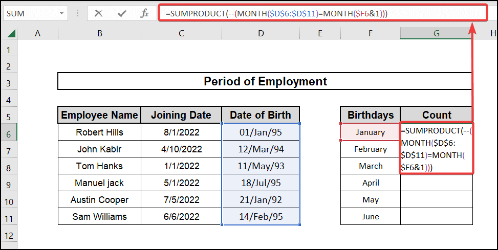 using sumproduct and month functions