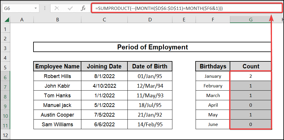 Using SUMPRODUCT Function to Count by Month to count number of cells with dates in excel 