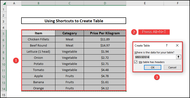 Shortcut to access Create Table option from Insert tab