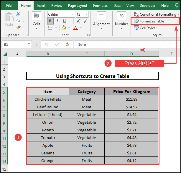 Shortcut to reach Format as Table option 