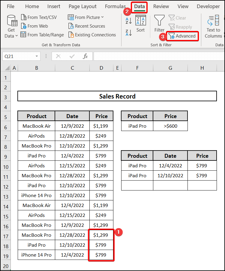advanced filter on ribbon, but with error value