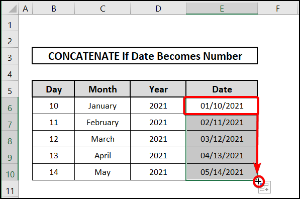 Outcome for concatenating day, month and year
