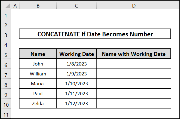 Dataset for concatenating date with a text string if date becomes number 