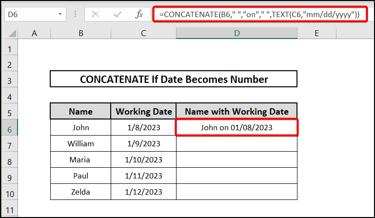 concatenating date with a text string if date becomes number 