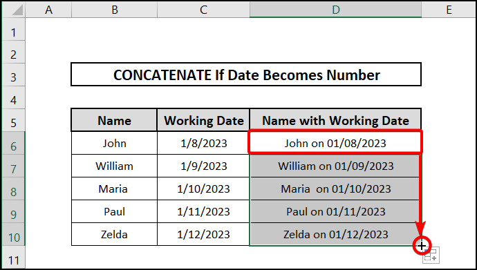Dragging Fill Handle to concatenate date with a text string if date becomes number 