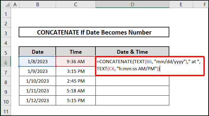 Concatenating date and time if date becomes number 