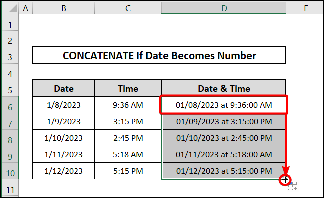 Outcome for concatenating date and time 