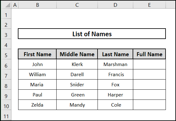 Dataset to concatenate multiple cells with space in Excel