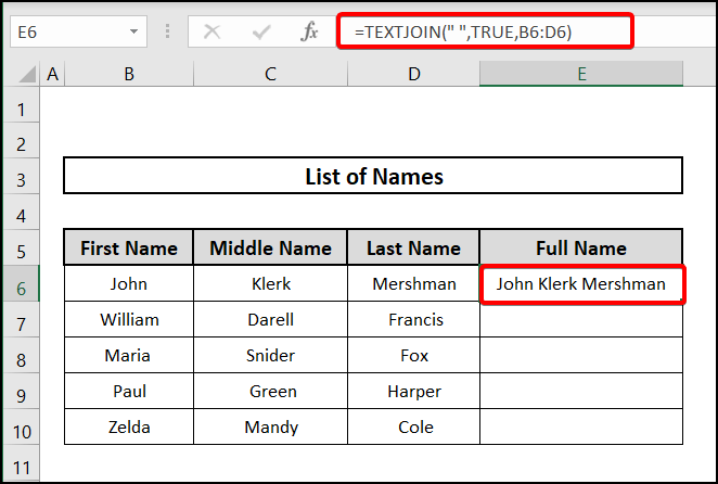 Using TEXTJOIN function to concatenate multiple cells with space in Excel