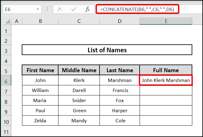 Using CONCATENATE function to concatenate multiple cells with space in Excel